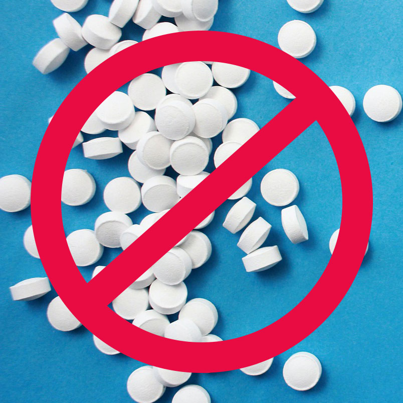 Pills with a blocking symbol across the image to symbolize "No more pills."